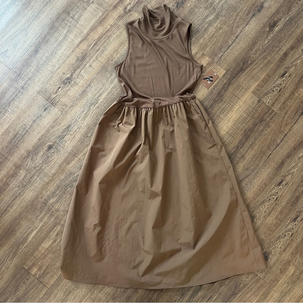 Naked Zebra Chocolate Brown Mock Turtleneck Midi Dress Mixed Media NWT M - Picture 2 of 8